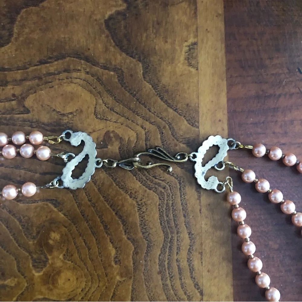 Handcrafted triple strand Czech glass Pearl paisley filigree clasp necklace
